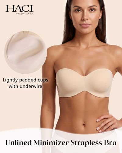 Image of HACI Women's Minimizer Strapless Bra Anti-Slip Underwire Bandeau Plus Size