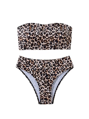 MakeMeChic Women's Bandeau Bikini Sets Strapless Tropical Print High Cut 2 Piece Bathing Suit