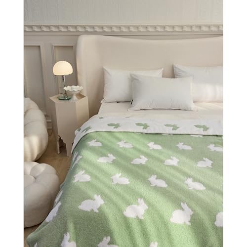 Image of Ultra Soft Cozy Happy Easter Rabbits Spring Knitted Throw Blanket Fluffy Microfiber Checkerboard Bed Blanket Lightweight Both Sides Blanket for Couch Sofa Bed (Rabbit Green, Throw 50 inchx60 inch)