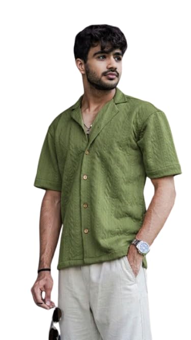 Image of Men's Kint-Textured Half Sleeve Spread Collar Shirt