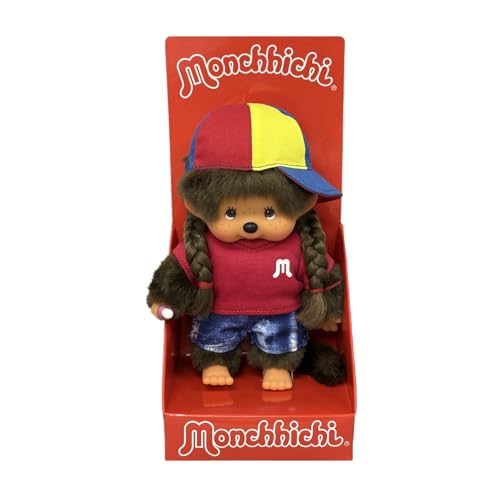 Sekiguchi 205240 - Monchhichi Originale, Fille en Tenue de citadine avec Casquette de Baseball, Peluche d'environ 20 cm en Peluche Marron