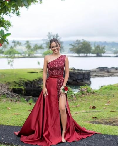 Dymaisei One Shoulder Sequin Prom Dresses 2025 Long Satin Mermaid Ball Gowns Sparkly Formal Dresses with Detachable Train4