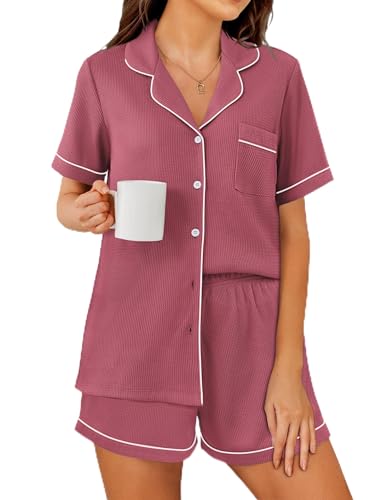 Image of Ekouaer Womens Waffle Knit Pajama Sets Soft Short Sleeve Button Down Sleepwear Cozy 2 Piece Pjs Shorts Set