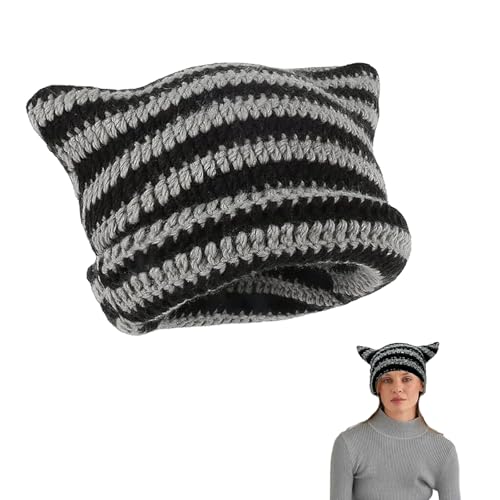 Gorra de orejas de gato de invierno, gorra de beanie para mujer, sombrero de invierno Y2k sombrero de punto, sombrero de punto de felpa cálido de invierno para mujer (negro-gris)