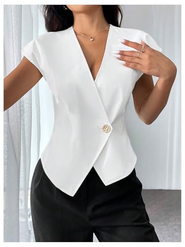 Milumia Women's Button Front V Neck Cap Sleeve Asymmetrical Hem Office Blazers3