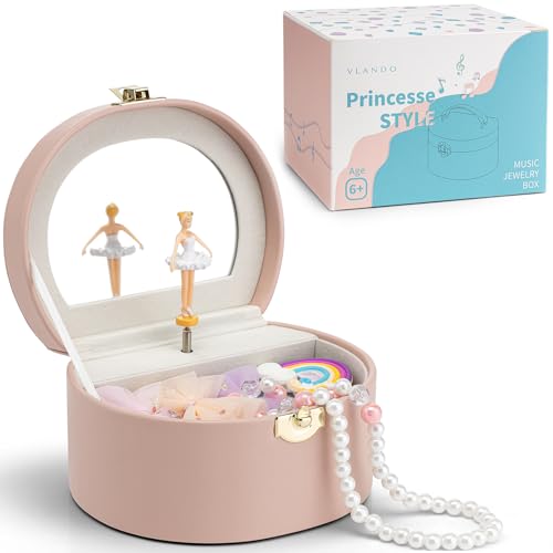 Vlando Musical Jewelry Box for Girls,Small Ballerina Music Box with mirror for Kids,Girls Jewelry Box,Birthday Childrens Gifts,Pink