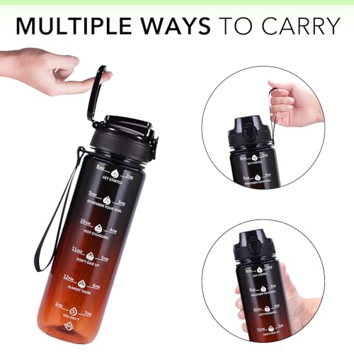 Image of 32oz Motivational Water Bottles with Time Marker & Fruit Strainer, Transparent Gradient Color Water Bottle with Times to Drink, Leakproof & BPA Free, Reusable Bottle with Strap (No Straw)