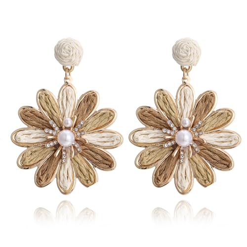 Boho Raffia Flower Earrings for Women – Lightweight Dangle Jewelry, Summer Beach Vacation Accessories