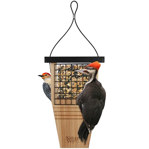 Natures Way Cedar Woodpecker Suet Feeder with Tail Support Heavy-Duty Wood Design 1 Suet Cake Capacity Black Weather Guard Roof
