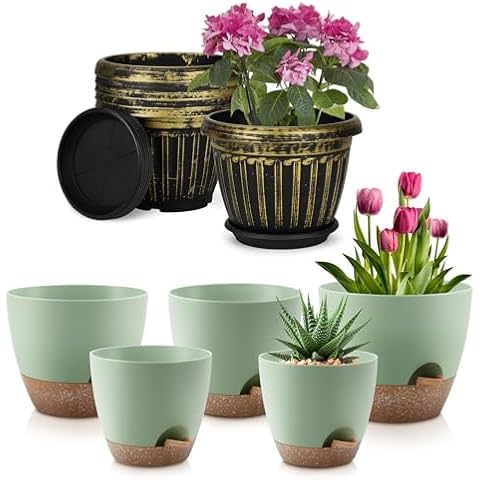 QRRICA Plant Pots 10/9/8/7.5/7 Inch Self Watering Pots and 6-Pack Set of 6-Inch Retro Style Plant Pots Cover