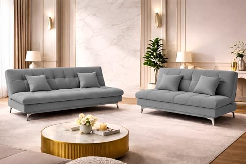 Image of Krancy Solid Wood 3 + 2 Seater Sofa Cum Bed with 2 Cushions | Convertible Wooden Couch for Living Room, Home & Office | Modern Designer Furniture | 3 Years Warranty | Dark Grey