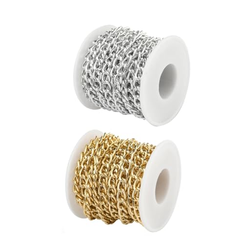 Yurosiay Catena a maglie intrecciate, 10 x 6,5 mm, per il fai da te, in alluminio, con bobina, catena intrecciata, catena in metallo, per la creazione di gioielli fai da te, oro e argento
