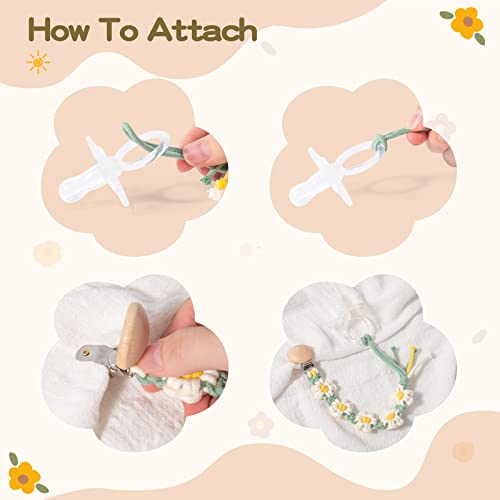 Image of Pacifier Clip for Boys Girls Flower Daisy Macrame Pacifier Holder Leash Boho Wooden Clips Handmade Braided Cotton Paci Clip Baby Shower Birthday Gift