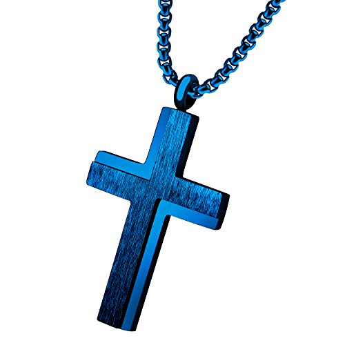 555Jewelry Stainless Steel Cross Necklace for Men Cross Necklace for Women Box Link Chain Cross Pendant for Men Womens Cross Necklaces Cross Necklaces for Men 20 Inch Blue