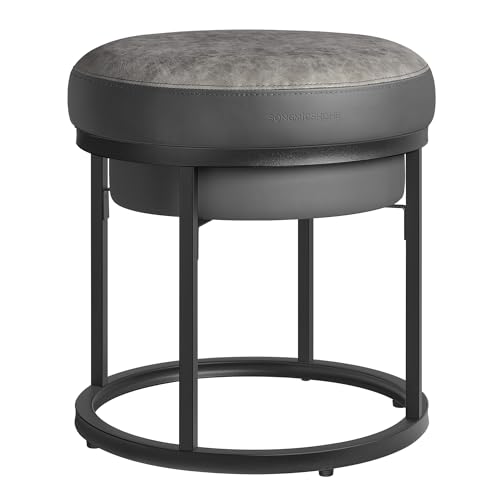 SONGMICS HOME Luiz Colección - Taburete Redonda, Banco de Maquillaje, Reposapiés, Tapa Reversible, Mesa Auxiliar, Carga de 300 kg, para Dormitorio, Salón, Entrada, Gris Paloma LOM080G01