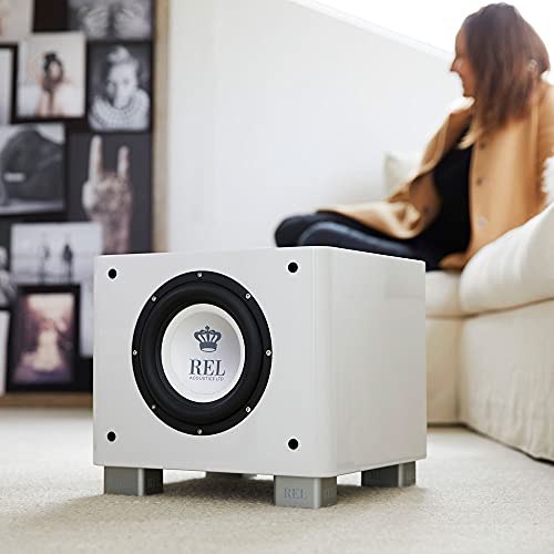 Image of REL T /7x 8-Inch Powered Subwoofer - Compact Sealed Design with Class AB Amplifier, RCA Inputs, and Deep Bass for HiFi Stereo Systems, Home Theater, and Surround Sound - High Gloss White Finish
