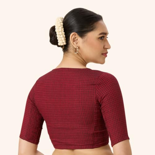 Image of Studio Shringaar Women Cotton Half Sleeve Madras Checks Saree Blouse with Stretchable Sides