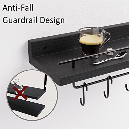 Pine Floating Shelves With Hooks, Black Farmhouse Bathroom Floating Shelves Over Toilet, Set Of 2 Wood Wall Shelves With Removable Towel Bar, Hanging Shelves For Kitchen Living Room Bedroom, 16'' Long #TOP5