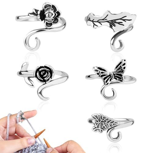 5pcs Crochet Rings, Rose Lotus Leaves Butterfly Crochet Finger Ring with Storage Box Crochet Tension Ring Crochet Guide Ring Knitting Crochet Ring Hand Knitting Tools