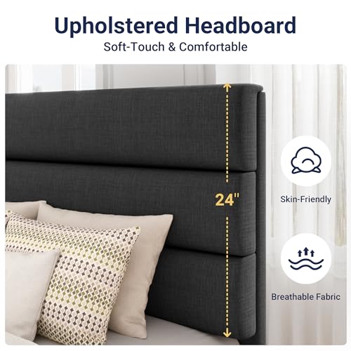 Allewie Twin Size Platform Bed Frame with Fabric Upholstered Headboard and Wooden Slats Support, Fully Upholstered Mattress Foundation/No Box Spring Needed/Easy Assembly, Dark Grey