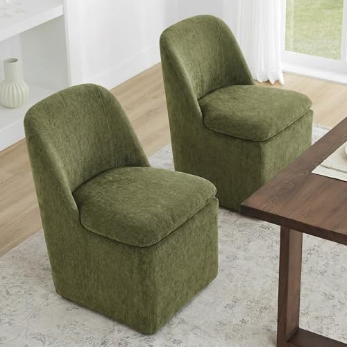 Image of KISLOT Upholstered Dining Chairs Set of 1 with Casters, Modern Side Armless Deskchair with Washable Slipcover & Sturdy Metal Frame for Diningroom Bedroom Livingroom Reading Room, Green Fabric