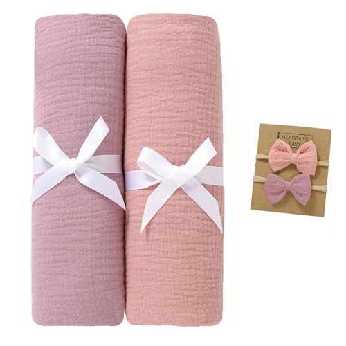 Image of okdiy 2 Pack Muslin Swaddle Blankets with Headband Set 47x47 in,Large Size 100% Organic Cotton Muslin Baby Blanket for Newborn,Nursery Baby Receiving Blankets for Boys and Girls (Violet+Pink)