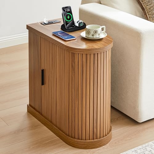 Turtle&Myrtle Nightstands with Charging Station Narrow Side Table with Storage Doors and Shelves Mid-Century Modern Bedside Table for Small Spaces Bedrooms Walnut