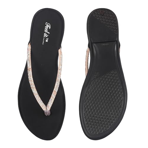 Image of Feel it Women Casual One Toe Flats Sandal, Women's Flat Slip on Embellished Ethnic Sandals Slippers for Party & Wedding
