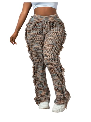 Verdusa Women's Fringe Boho Knit Flared Pants Elastic Waist Bell Bottoms Fitted Trousers Rave Outfits Brown Large