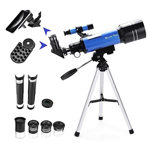 MaxUSee Telescópio de 70 mm para crianças e iniciantes em astronomia, telescópio refrator com tripé e telescópio localizador, telescópio portátil com 4 oculares de ampliação e adaptador de telefone