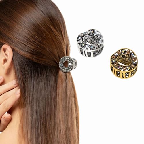 Image of Radhu & Kabby Metal Round Stone Hair Claw Clip Pack | Silver & Gold Small Crystal Claw Clips for Women | Strong Grip Vintage Rhinestone Hair Accessories | Pack of 2