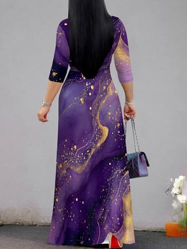 Image of Plus Size Dresses for Women Print Maxi Dresses 3 /4 Sleeve with Belt