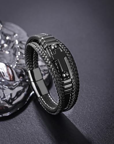 Mens Cuff Cross Bracelets - Stainless Steel Christian for Men - Black Multilayer Leather Religious Punk Jewelry2