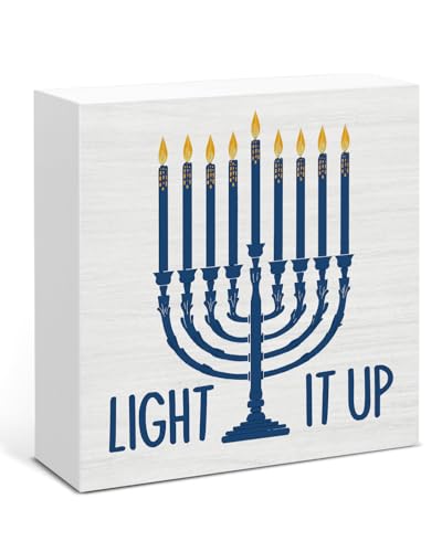 Image of Hanukkah Decor, Light It Up Wood Box Sign, Jewish Gifts for Women, Menorah Dreidel Home Office Decorations for Desk Table Shelf 5 X 5 Inches
