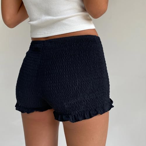 Image of NUFIWI Women's Y2k Ruched Mini Shorts Low Waist Ruffle Frill Bloomers Lounge Pajamas Smocked Micro Shorts Sleepwear