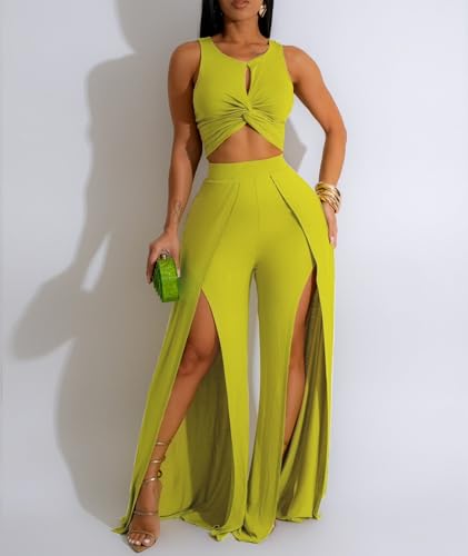Ekaliy Women's 2 Piece Outfit Sexy Crop Tank Top and High Split Wide Leg Pants Sets Elegant Going Out Suit3