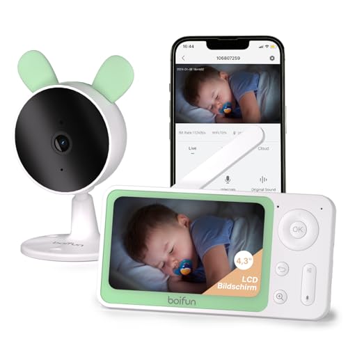 BOIFUN Babyphone mit Kamera App, Bewegungs/Geräuscherkennung Babyfon WLAN, Intelligente Nachtsicht, Weitwinkelkamera, Zweiseitiger Dialog, Zonenalarme, 4X Zoom, VOX-Modus, Wiegenlied, Einstiegsmodell