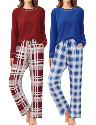Ekouaer 2 Pack Women Pajama Long Sleeve Sleepwear Soft Loungewear Pjs Sets with Pockets S-XXL