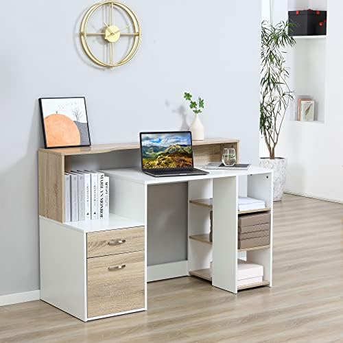 HOMCOM Computer Desk PC Table Modern Home Office Writing Workstation Furniture Printer Shelf Rack w/Storage Drawer & Shelves (Oak and white)