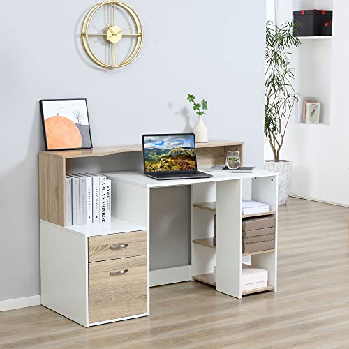 Homcom 54" Multi-Level Computer Desk Modern Home Office Writing Workstation With 3 Storage Shelves & 2 Pull-Out Drawers, Oak #TOP1