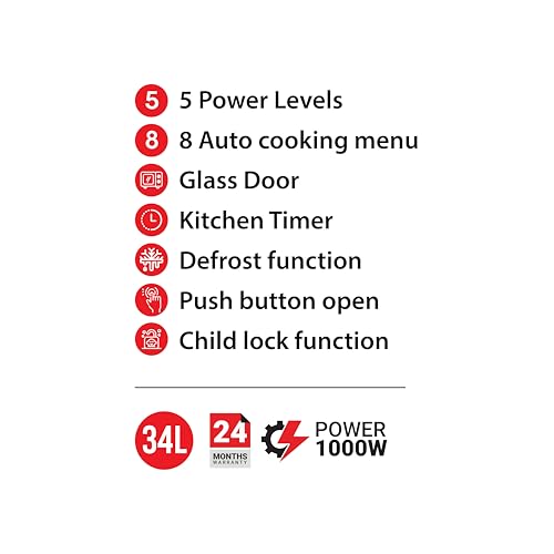فلكسي فرن ميكروويف مدمج 34 لتر مع شواية، مخرج 1000 واط، 8 قوائم تلقائية، 5 مستويات طاقة، اذابة الثلج، قفل للاطفال، فتح زر ضغط، لمسة نهائية سوداء، ضمان لمدة عامين