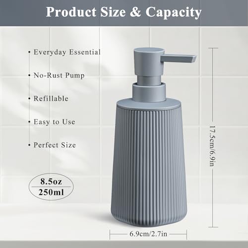 Image of Gray Hand Soap Dispenser with No Rust Pump for Bathroom and Kitchen Countertops Refillable Striped Matte Plastic 8.5 oz