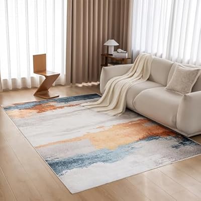 OMERAI Machine Washable Rug 8x10 Modern Abstract Area Rugs with Low-Pile Non-Shedding Foldable Area Rugs for Living Room, Stain Resistant Area Rugs for Bedroom Dining Room Rug Washable Orange Gold