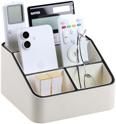 Remote Control Holder, PU Leather Small Desk Organizer with 4 Com...