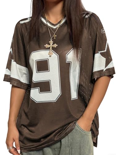SHENHE Womens Graphic Football Jersey Top V Neck Short Sleeve Loose T Shirt Streetwear Brown Medium