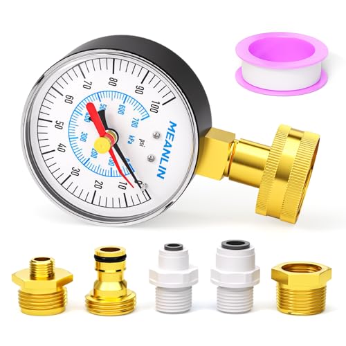 Image of MEANLIN MEASURE 0~100Psi 3 /4 inch Female Water Pressure Kit Plus 5 adapters, 2.5 inch FACE DIAL Multi-Purpose Pressure Gauge kit with Red Indicator Hands, Hydraulic Tester Suitable for Gardens, Water Pipes