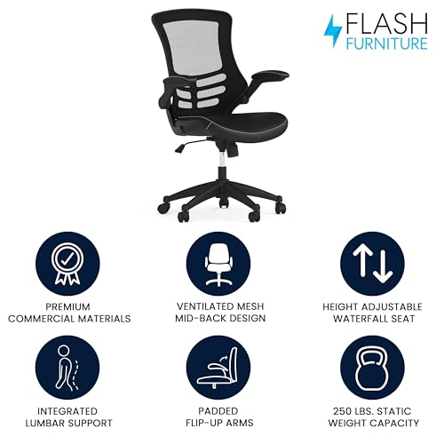 Flash Furniture Kelista Mid-Back Swivel Office Chair with Adjustable Seat Height, Ergonomic Mesh Desk Chair with LeatherSoft Seat, Black