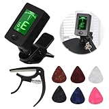 Afinador de guitarra con cejilla de guitarra y 6 púas, afinador digital de guitarra con clip para guitarra acústica, bajo, ukelele