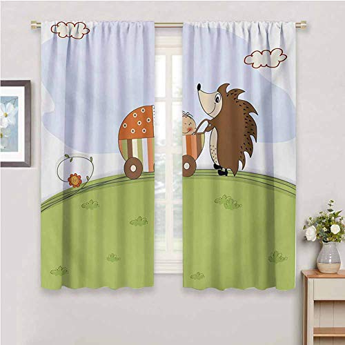Soundproof Curtains for Bedroom Funny Baby Shower Theme A Hedgehog Pushing a Stroller