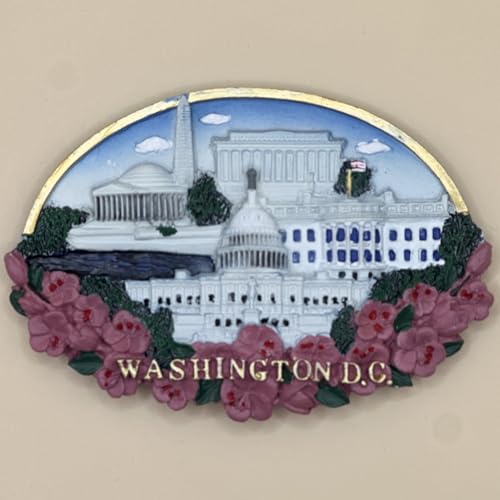 Washington DC 3D Polyresin Magnet โ Hand-Painted Cherry Blossom Skyline with Capitol, White House, Lincoln & Jefferson Memorials | Souvenir Fridge Magnet, 3.75" Oval Blossoms & Landmarks